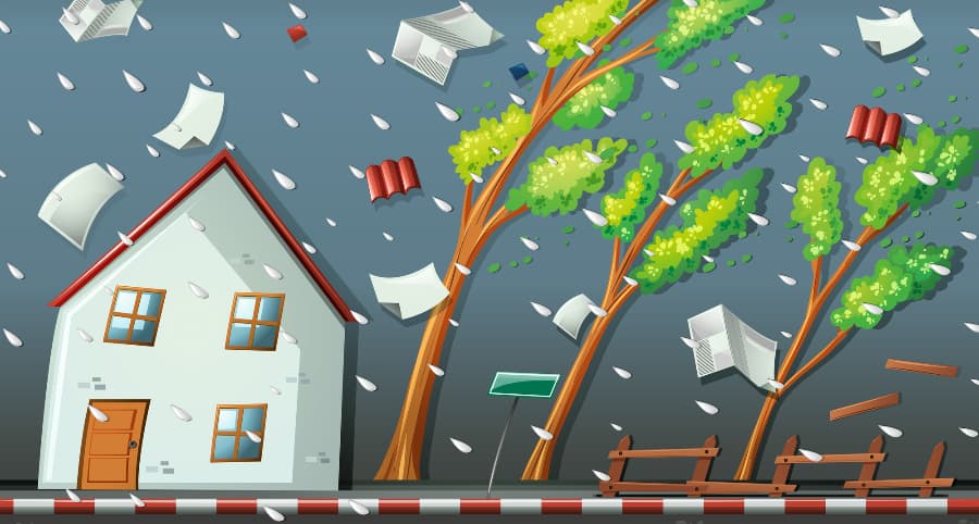 Illustration of a storm striking a home and the surrounding environs