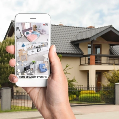 Pensacola vivint phone display of cctv live feed in front of a house